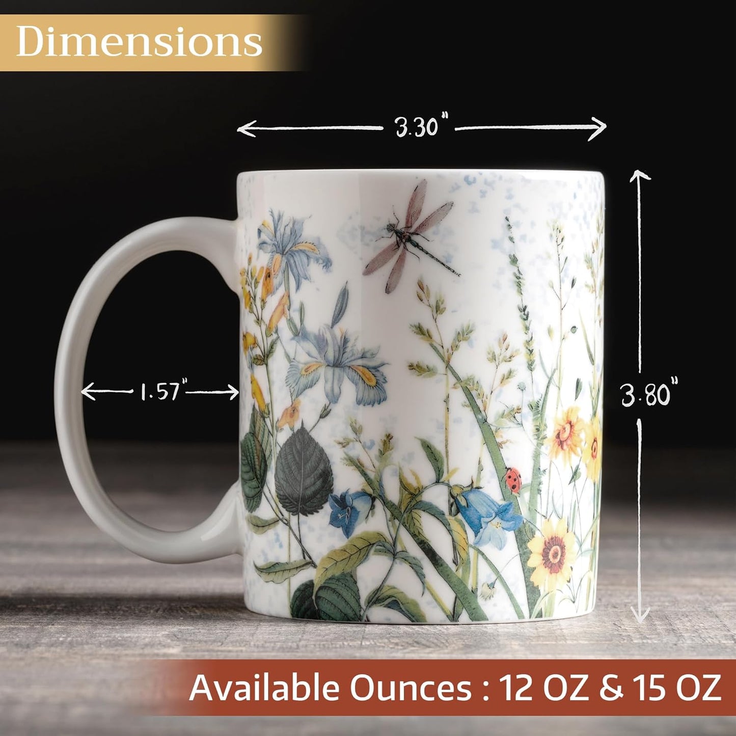 Maison d' Hermine Coffee Mug with Handles Fine Bone China Mugs Pack of One Tea Cups for Hot Beverages Cappuccino Latte Home Restaurant Office Perfect for Gift (Fleurs De Mai - Prairie, 15 Ounce)