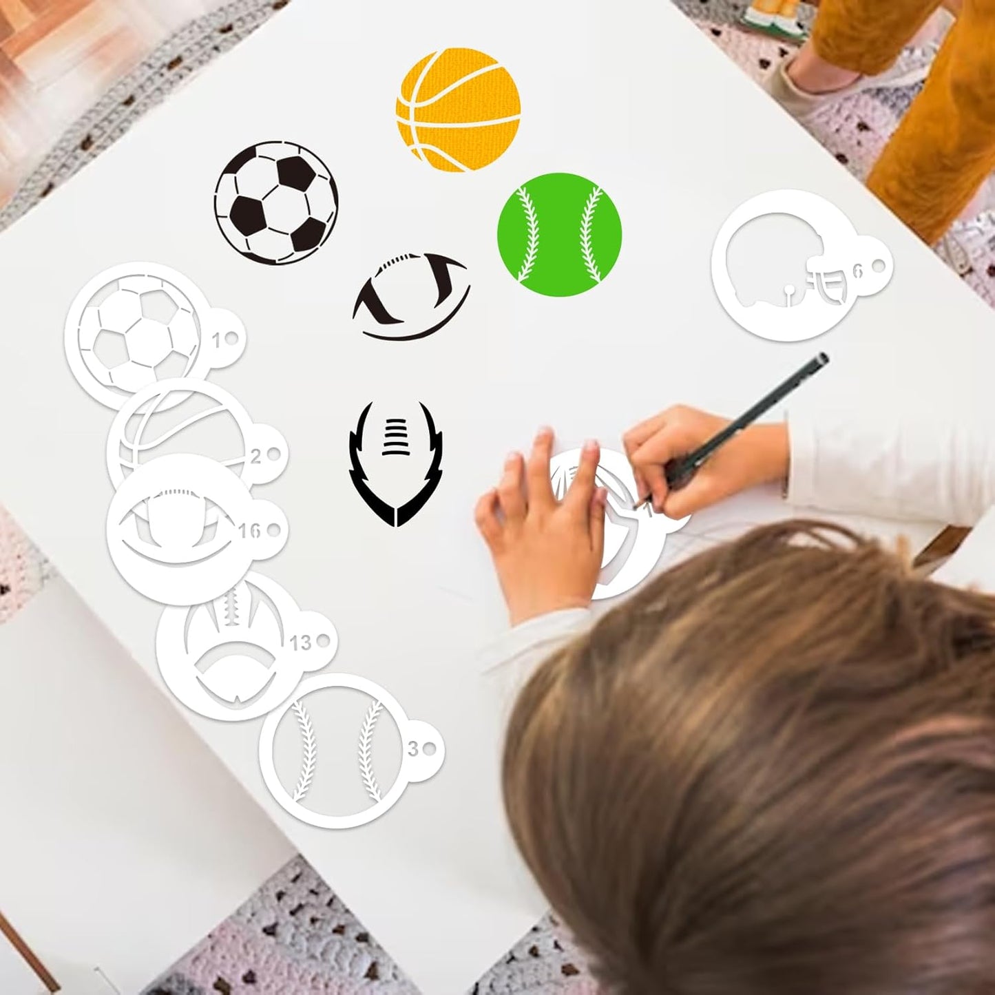 Small Sports Ball Stencil for Cakes Cupcake Cookie Decorating Stencils Reusable Football Basketball Baseball Golf Soccer Stencil on Baking Coffee Decorating Card Making (25 Sport Cookie)