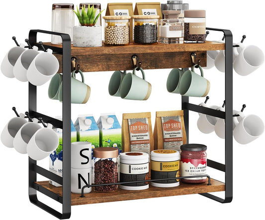 IBUYKE Coffee Bar Station Countertop Organizer,2 Tier Kitchen Mug Cup Holder Stand,Wooden Coffee Mug Organizer with 18 Hooks,Multifunctional Mug Tree for Home Kitchen, Office,Vintage Brown UTBJ006H