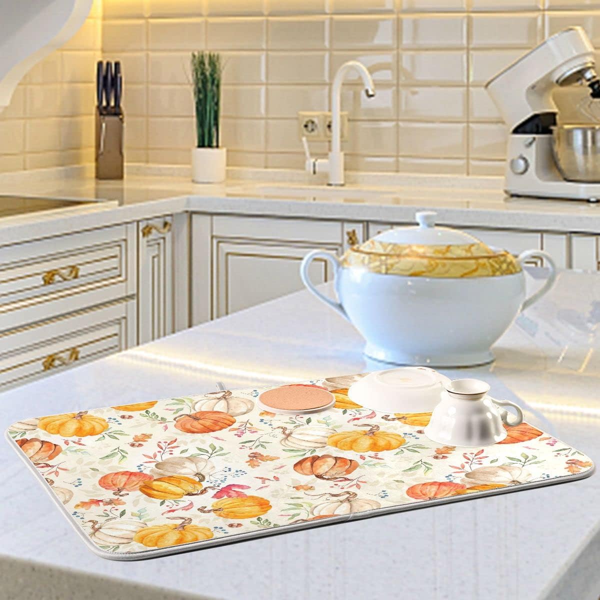 Autumn Fall Dish Drying Mat for Kitchen Counter Watercolor Pumpkin Maple Leaf Drying Mat 18 x 24 Inch with Absorbent Reversible Microfiber Dish Drying Pad Dish Rack Drainer Mats for Coffee Bar
