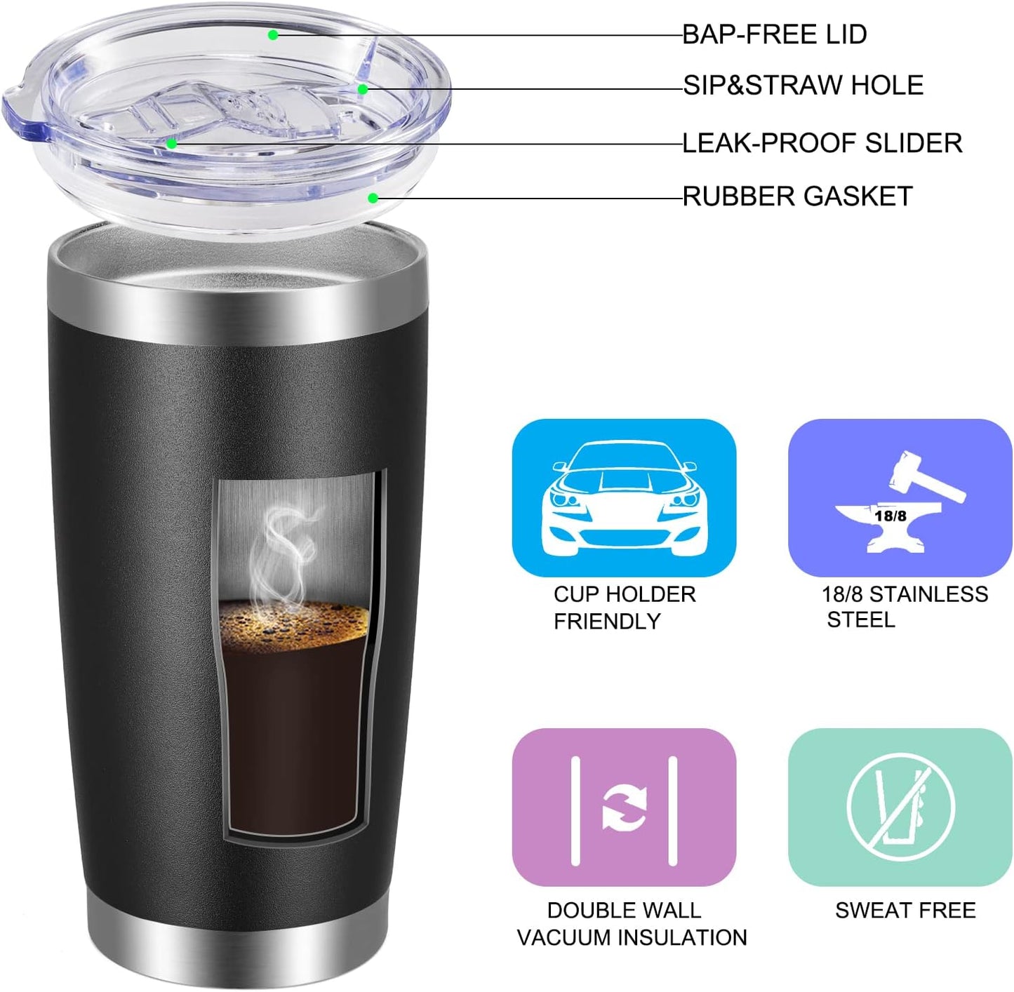 VEGOND 20oz Tumbler with Lid and Straw Stainless Steel Tumbler Cup Vacuum Insulated Double Wall Travel Coffee Mug Powder Coated Coffee Cup(Black 1 Pack)