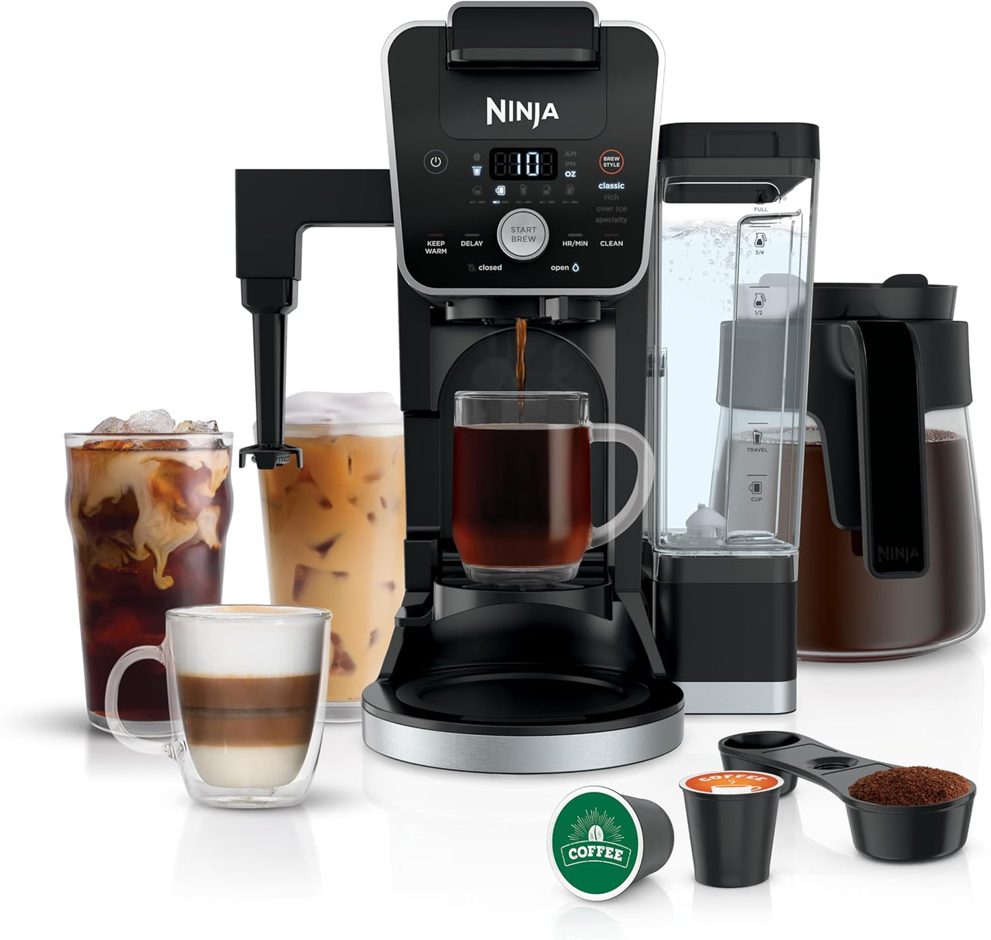Ninja | Coffee Maker | DualBrew Single Serve System | 4 Brew Styles | Keep Warm Feature & Buit- In Frother | 14 Cup Glass Carafe & Removable 70oz Water Reservoir | Black | CFP451A