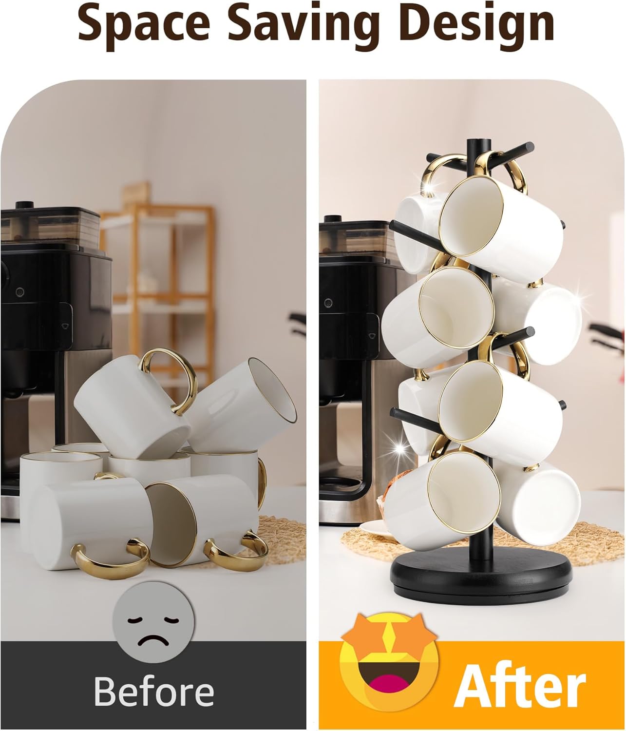 Lorbro Coffee Mug Tree, 360° Rotated Mug Holder with 8 Hooks, Wooden Coffee Cup Holder Rack Stand Accessories for Countertop Kitchen Decor Organizer