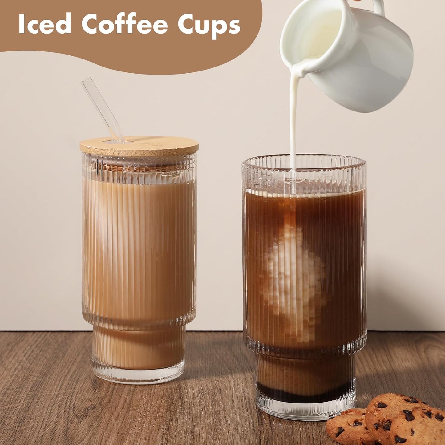 Glass Cups with Bamboo Lids and Straws - 16 oz Iced Coffee Cups, Vintage Ribbed Drinking Glasses, Tumbler for Juice, Beer, Coffee, Milk, Cocktail, Water (2 Pack)