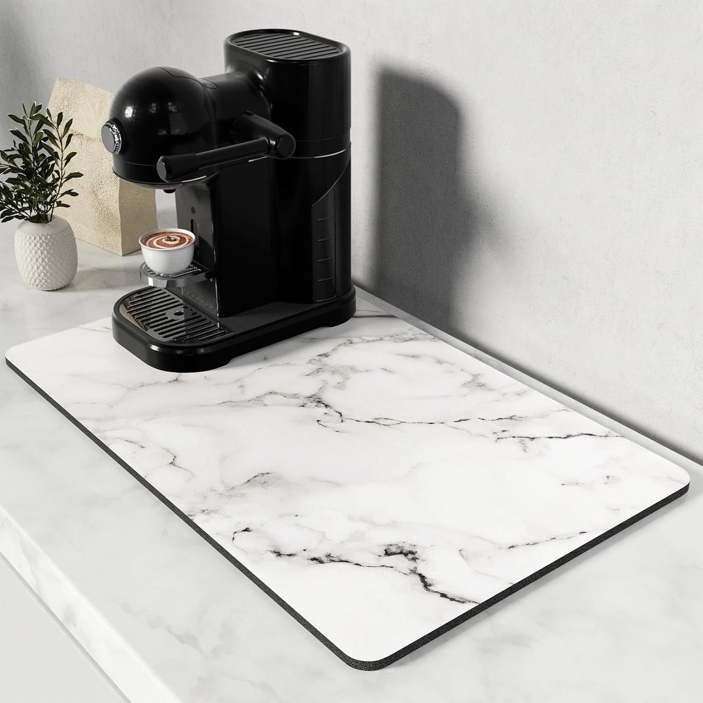 Rnivvi Coffee Mat, 12" x 19" Cute Marble Style Coffee Bar Mats for Espresso Machine Station Accessories and Organizer, Hide Stain Rubber Backed Absorbent Dish Drying Pad for Kitchen Counter, White