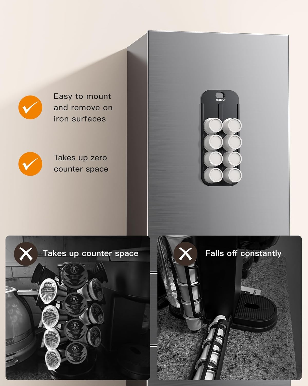 Magnetic K-Pod Organizer for K Cup Coffee Pods, Self-Magnetic Coffee Pod Holder and Storage Drawer, Suitable to be Mounted on Iron Surfaces - Refrigerator (Black&Gray)