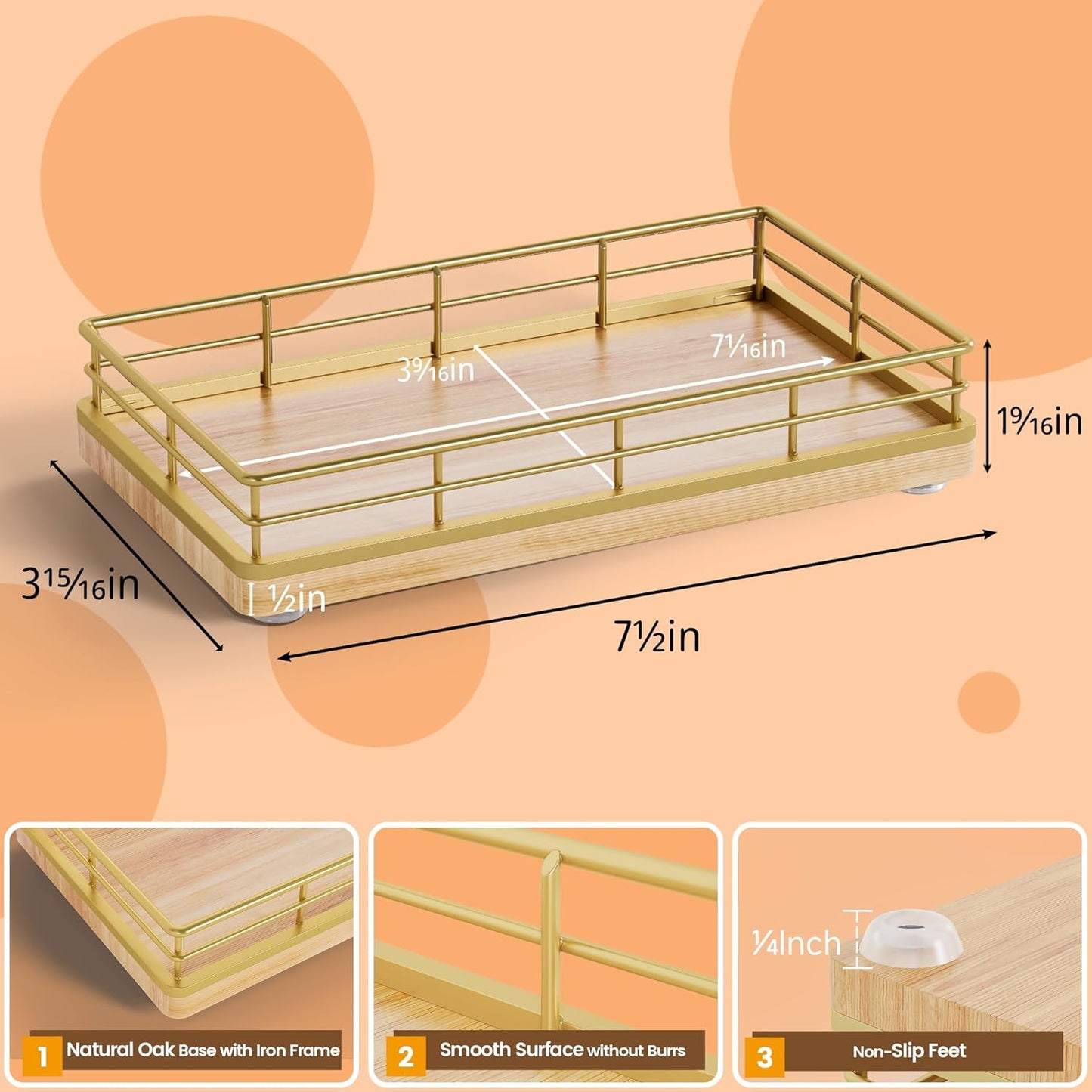 Wooden Decorative Tray, Oak 7.5" L Coffee Table Tray for Kitchen Countertop Soap Sponge Holder for Dresser Perfume Jewelry Candle Nightstand Table Centerpieces for Dining Room Decor Natural