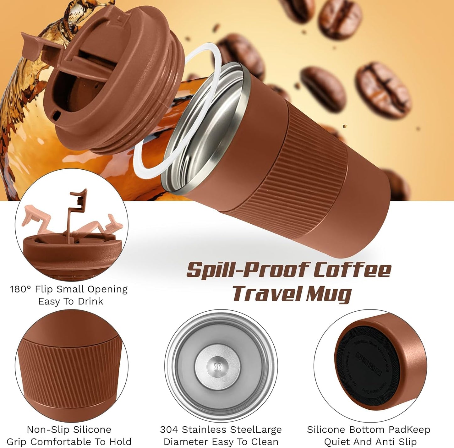 Vacuum-Insulated Stainless Steel Travel Coffee Mug, Leak-Proof Reusable Coffee Cup with Lid - Keep Hot & Cold Drinks for Hours, Durable Thermos Tumbler for Men & Women (3rd-Light Coffee, 17OZ)