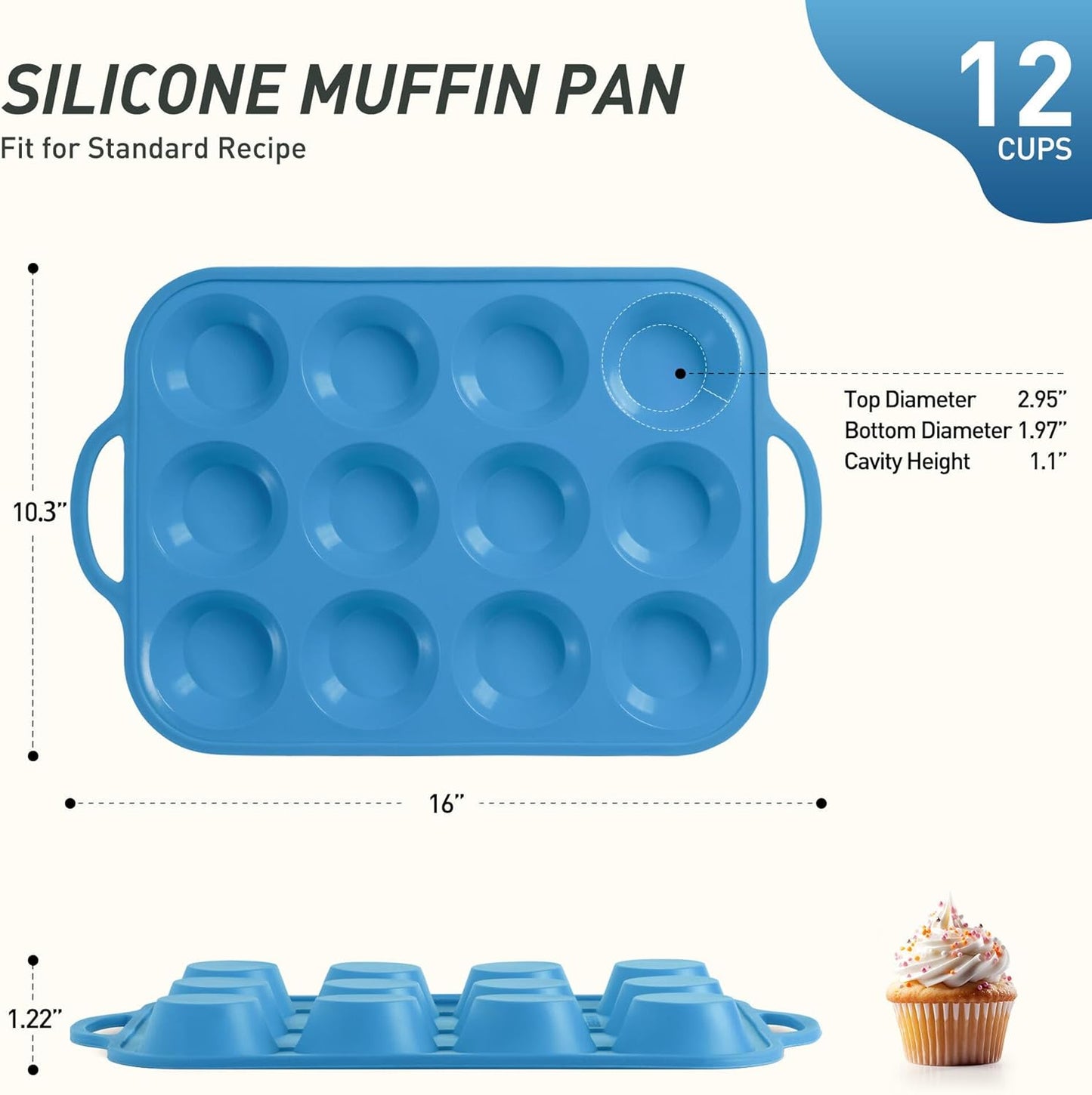12 Cups Silicone Muffin Pan with Metal Reinforced Frame Regular Size Cupcake Pan Tray Egg Bites Silicone Circle Cookie Molds Muffin Tin Tray Tart Pans Kitchen Baking Mold Tools for Cooking