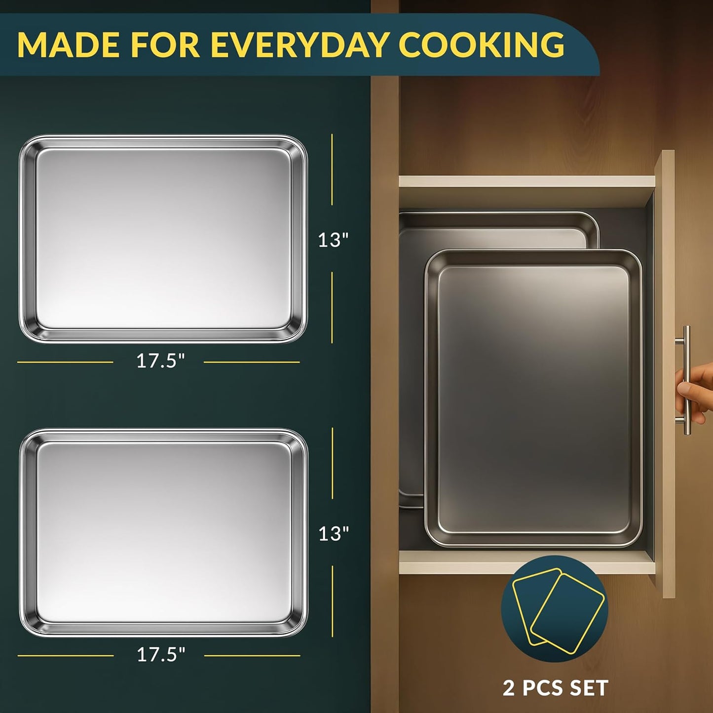 Baker’s Signature Stainless Steel Cookie Sheet Pan, Stainless Steel Baking Sheet Set of 2, Mirror Finish, Non-Stick, Rust Resistant, BPA Free, Dishwasher Safe, 17.5 x 13 Inch