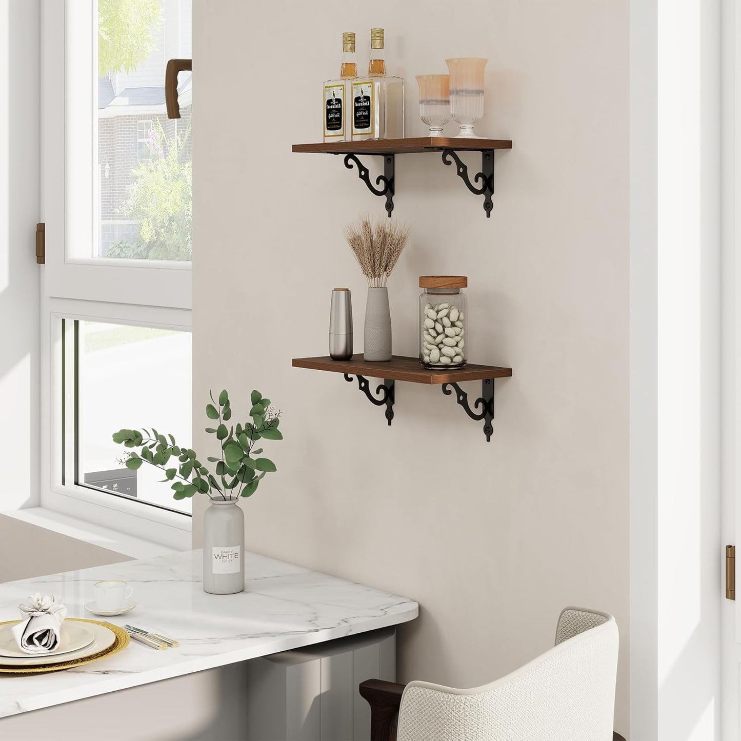 RICHFOCUS Floating Shelves for Wall Decor, 8 Inch Deep Shelves Set of 2, 16W x 8D Floating Shelves Wall Mounted with Metal Brackets, Rustic Wood Shelves for Living Room Bedroom Kitchen, Walnut