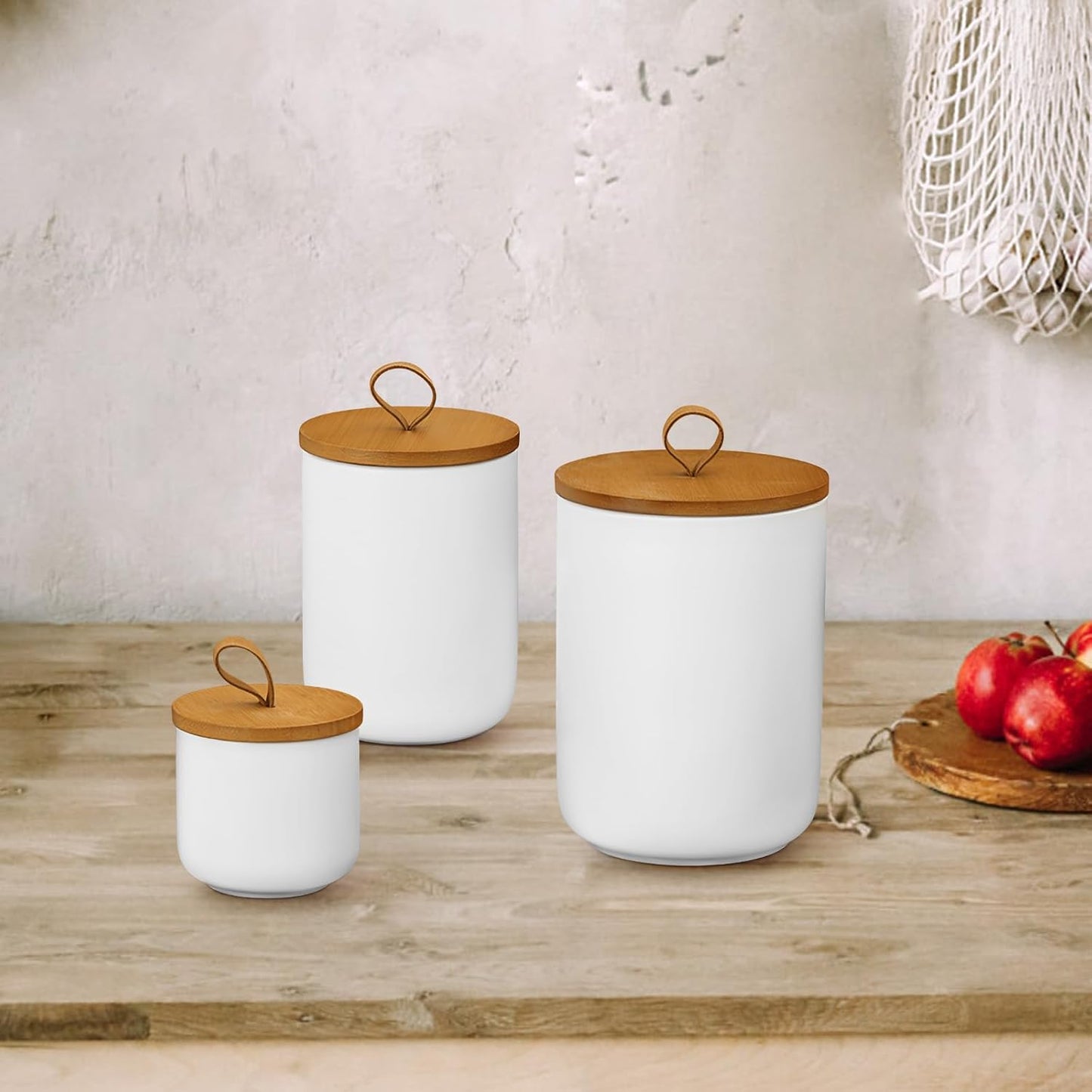 Ceramic Storage Jars, Modern Elegant Polished Airtight Gorgeous Storage Canisters with Wooden Lid Small Food Stroage Jar for Kitchen Spice Tea Vanilla Sugar Coffee Beans (3Pcs Suit White)