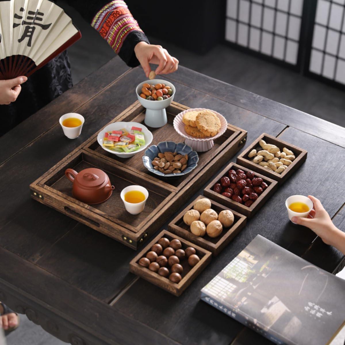 Rustic Wooden Serving Trays with Handle, Serving Platters, Charcuterie Board Set of 7 Nesting Food Trays for Serving Food, Home Decor, Breakfast, Coffee Table, Bed Tray, Picnic