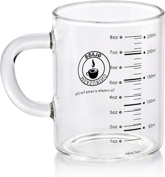 8 Oz Glass Measuring Cup, Espresso Shot Glasses, Clear Coffee Mugs for Hot or Cold Drinks With Handle, Microwave Safe Graduated High Borosilicate Cup (Black)