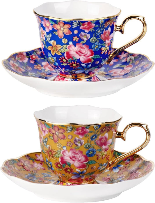 KAMMAK Tea Cups and Saucers Set of 2, Porcelain Coffee Cups with Saucer for Espresso, Cappuccino, 6.3oz Vintage Gold and Blue Ceramic Demitasse Mug for Home, Tea Party, Office
