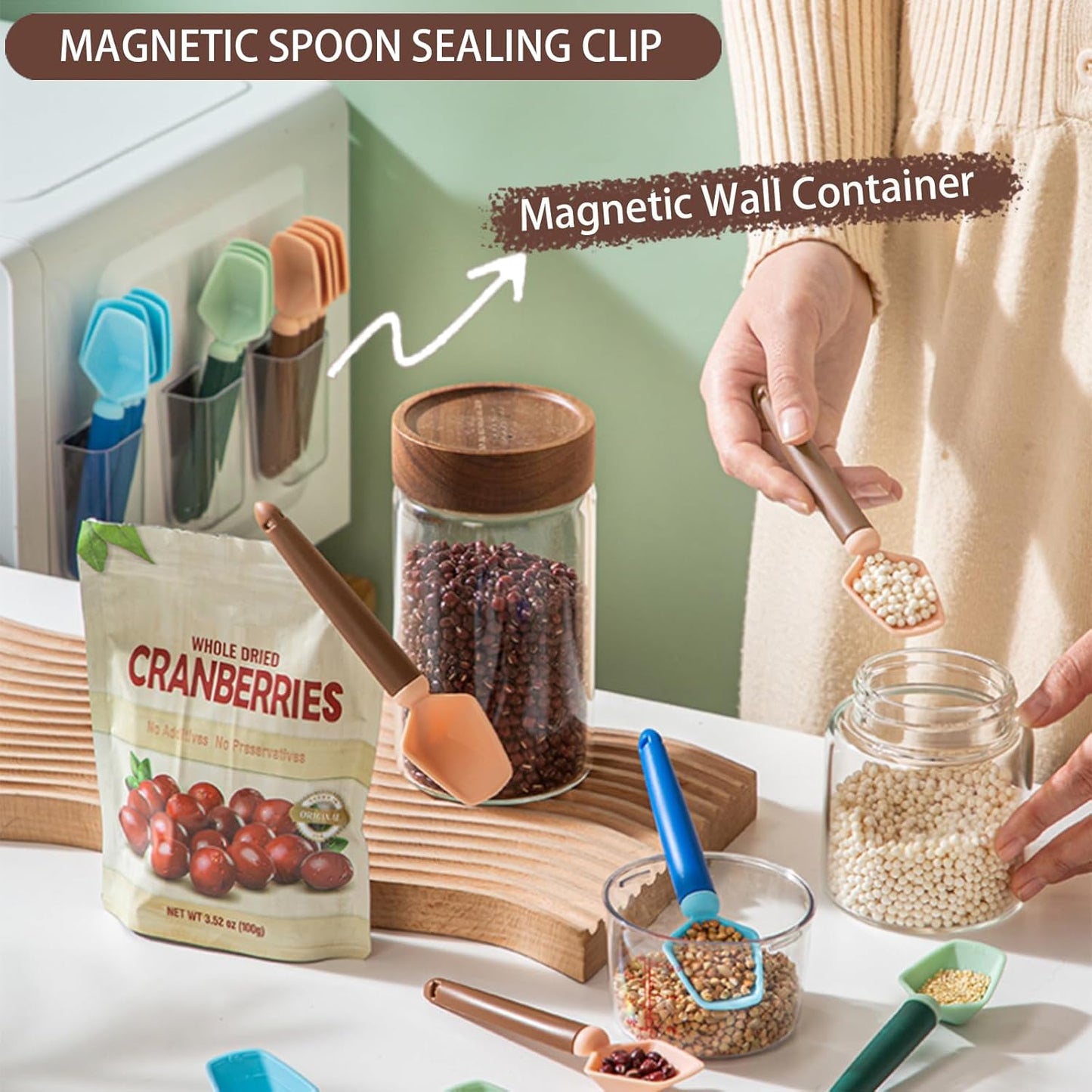 2 SET of 8 PCS Multi-functional sealing clip with measuring spoon Magnetic Coffee Measuring Spoon Sealing Clips with Wall Container Mount, PP materia, Deep Bowl Design (Green)