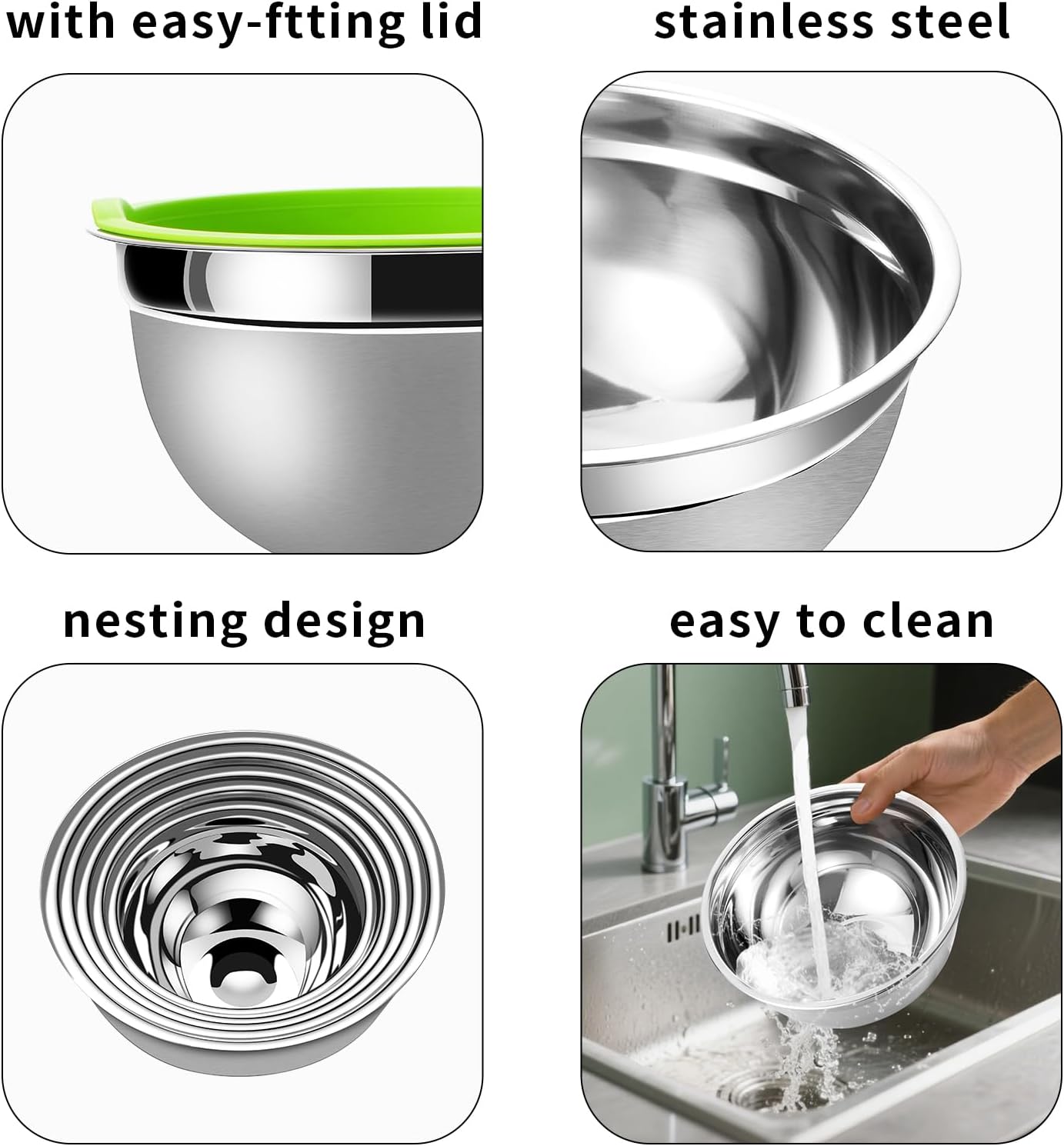 Lazycorner Mixing Bowls with Airtight Lids Set 5 Pcs Stainless Steel Bowls Set Baking Set Non-Slip Silicone Bottoms Great for Serving & Baking