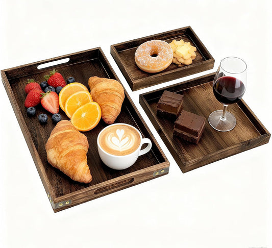 Rustic Wooden Serving Trays with Handle, Serving Platters, Charcuterie Board Set of 3 Nesting Food Trays for Serving Food, Home Decor/Breakfast/Coffee Table/Butler/Ottoman/Bed Tray