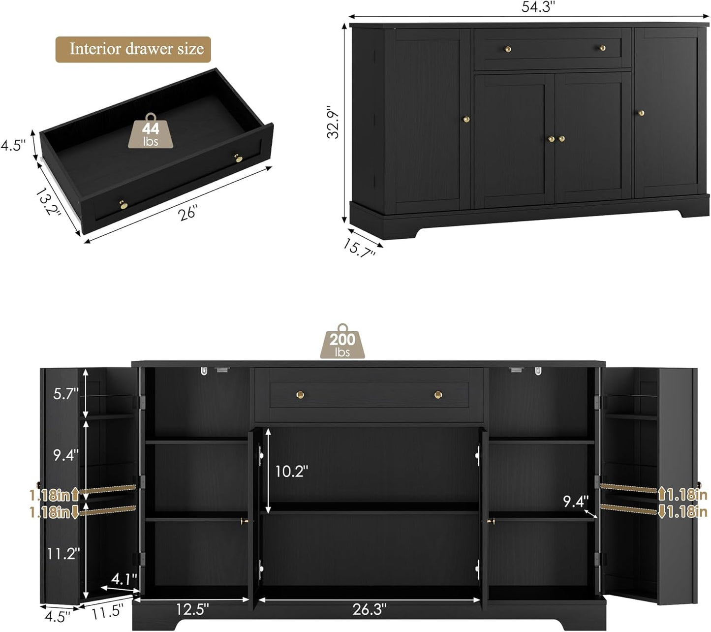 HITHOS 54" Buffet Cabinet with Storage, Modern Kitchen Buffet Sideboard with Drawer, Wood Coffee Bar with Adjustable Shelves, Kitchen Storage Cabinet for Living Room, Black