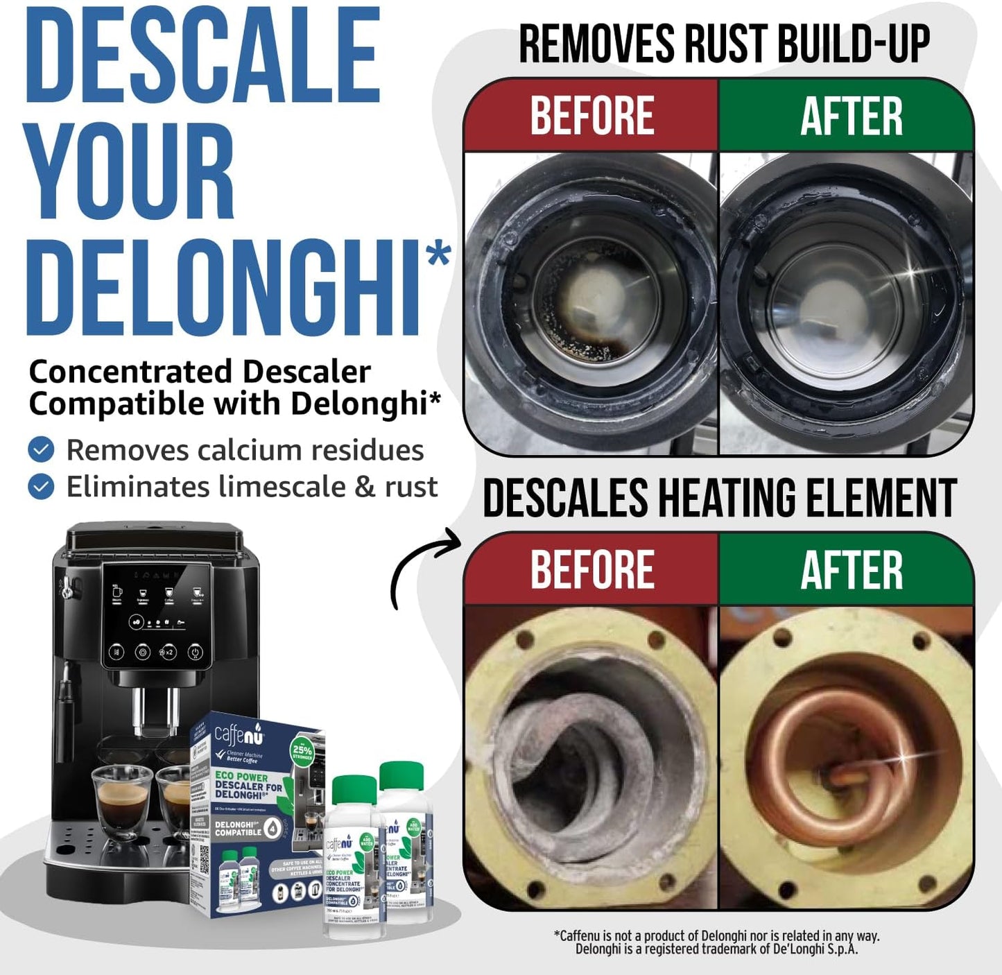 Delonghi Compatible Descaling Solution. 2 Bottles of Descaler Solution. Descaling Kit Removes Limescale For Hotter Coffee. 4 Uses Descaler For Delonghi Coffee Machines.