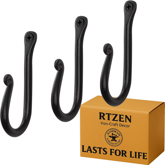 RTZEN Wall Mount Hook Set - Wrought Iron Decorative Rustic Metal Coat Hooks for Hanging - Handcrafted Classic Farmhouse Wall Mounted Black Hooks for Towel Robe or Hat Hanging - 3 Pack