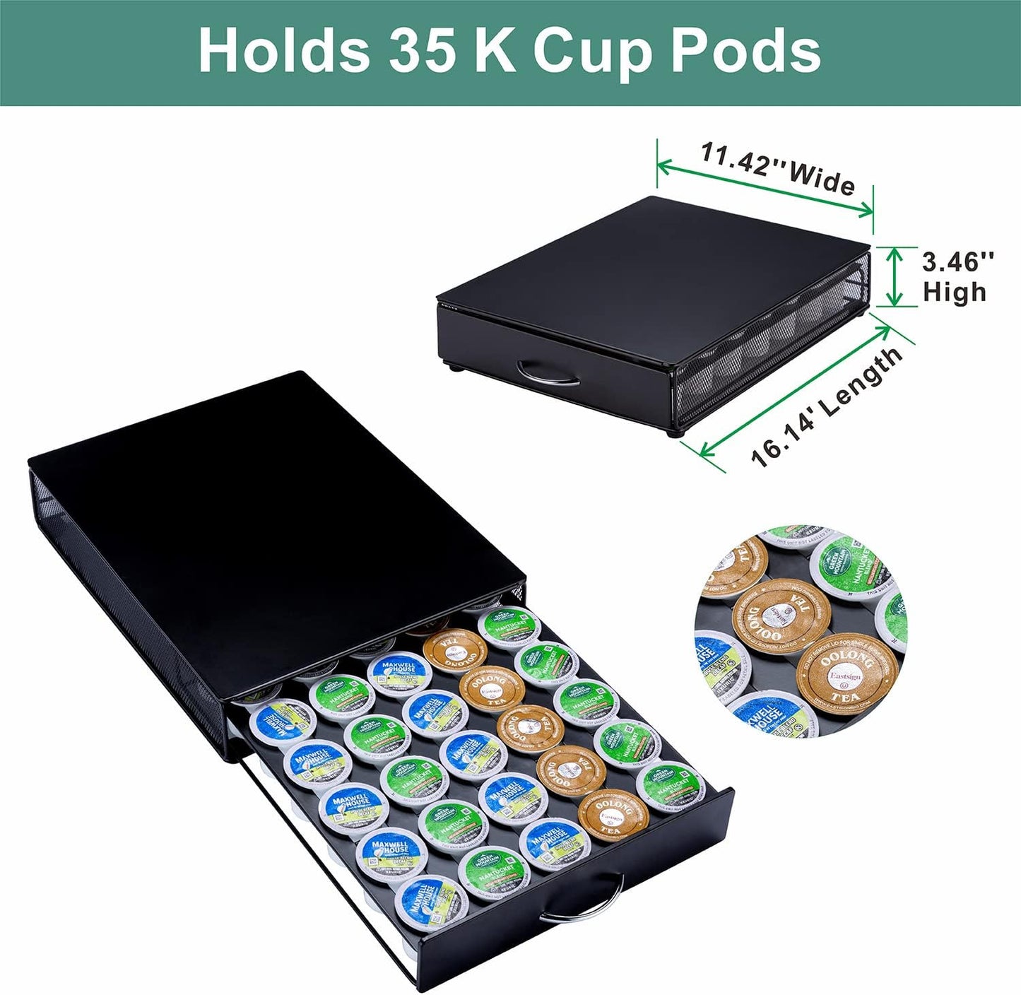 ZCDCP K Cup Holder Drawer, Coffee Pod Holder for K Cup Organizer, Keurig Coffee Pods Holder Capsule with 35 Pods, K Cup Coffee Holder Black