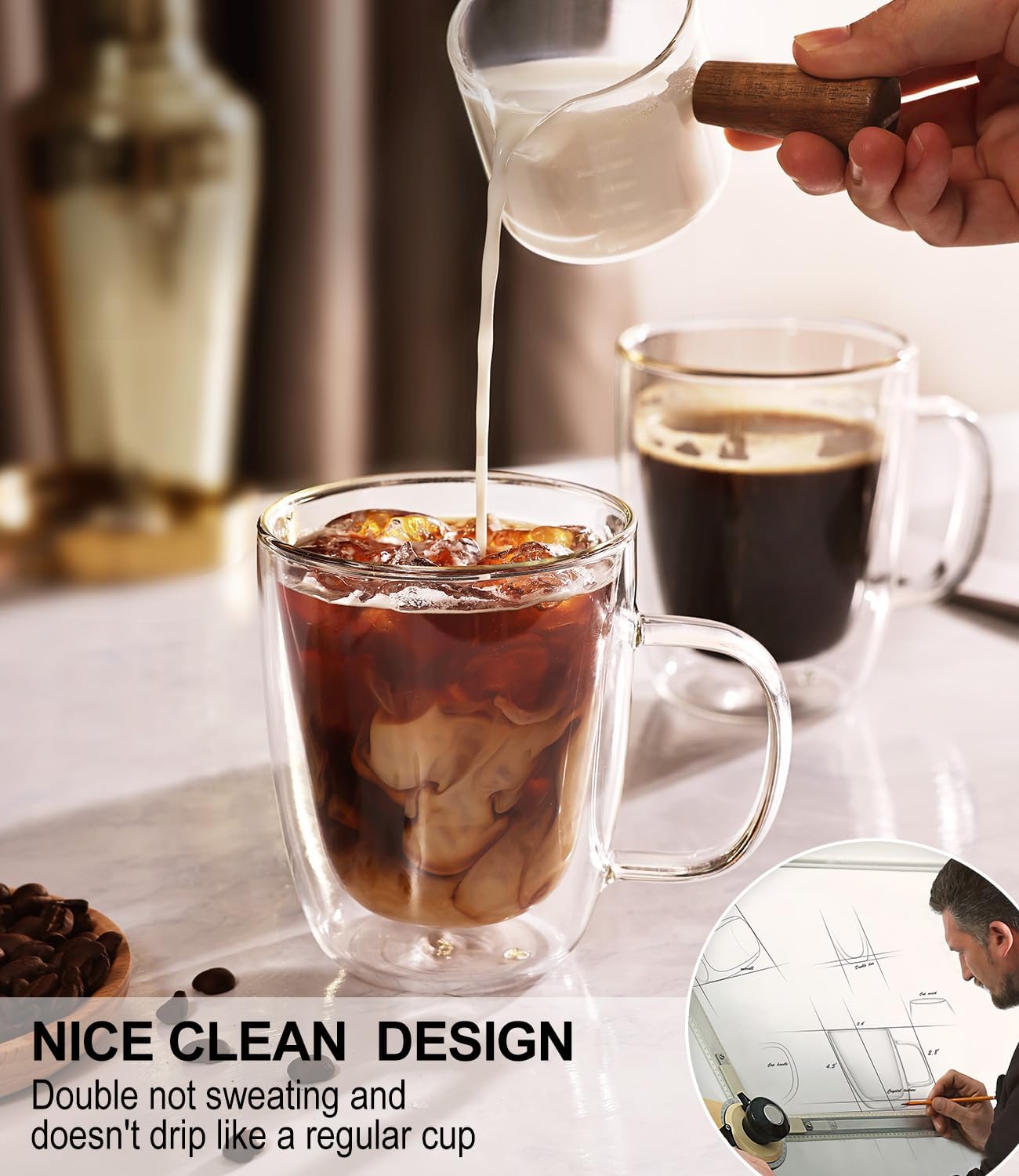 OJA Double Walled Glass Coffee Mugs Set of 4 12oz Hand Blown Clear Coffee Cup with Handle for Cappuccino, Tea Cups, Latte Espresso American Insulated, Heat Resistant Borosilicate Glass