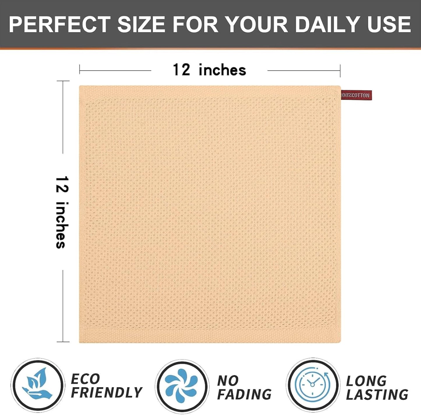 Kitinjoy 100% Cotton Kitchen Dish Cloths (12 X 12 Inches, Apricot),6 Pack Waffle Weave Ultra Soft Absorbent Dish Towels for Drying Dishes Quick Drying Kitchen Towels Dish Rags