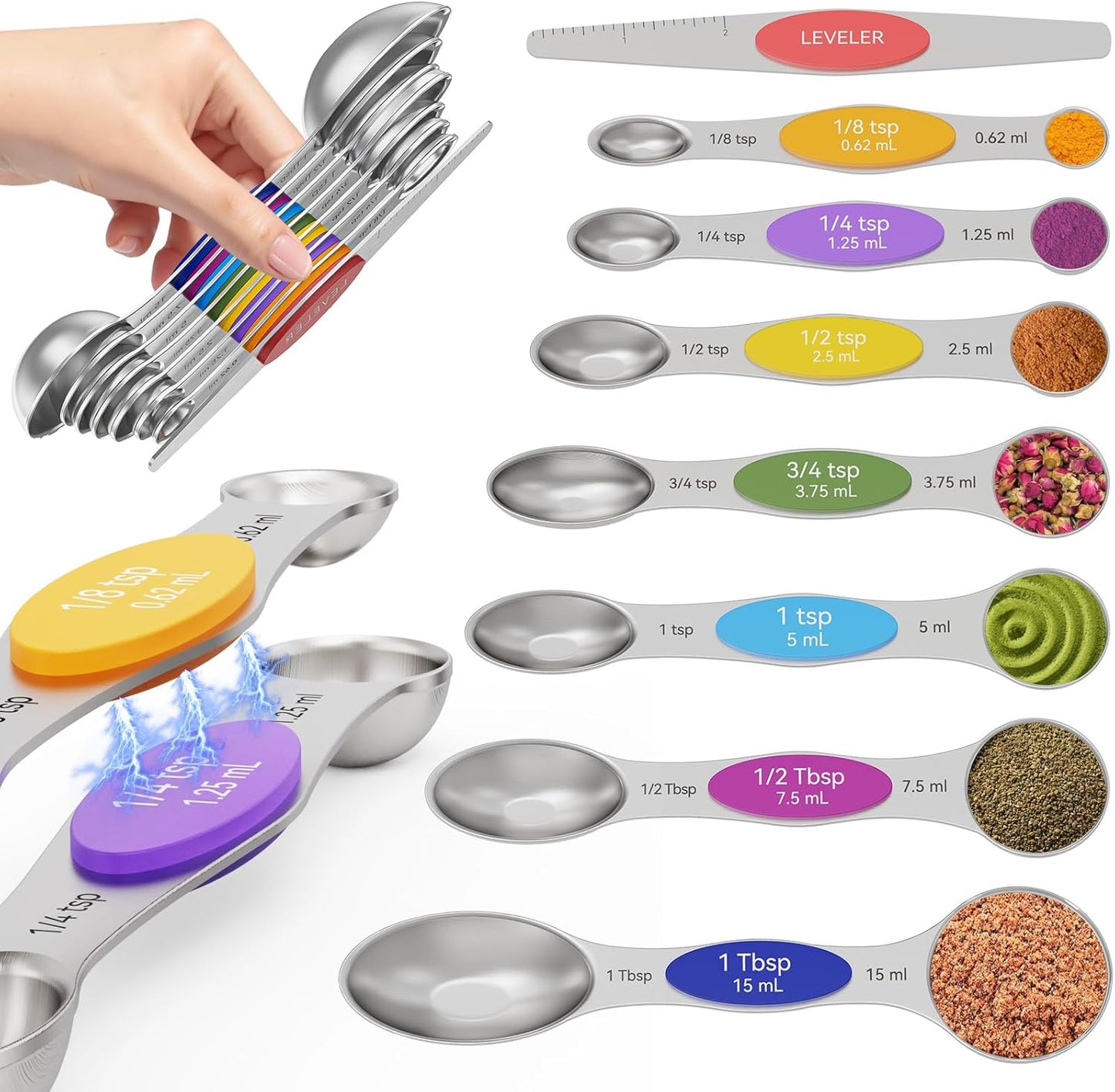 Magnetic Measuring Spoons Set of 8 - Heavy Duty 304 Stainless Steel, Triple Measurement Markings, Strong N52 Magnets, Easy to Clean, Space-Saving with Leveler Included (Colorful)