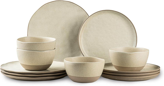 12 Pieces Dinnerware Sets,Plates and Bowls Sets, Handmade Reactive Glaze Dishes Set for 4 with at Least 10% Recycled Ceramic (Beige)