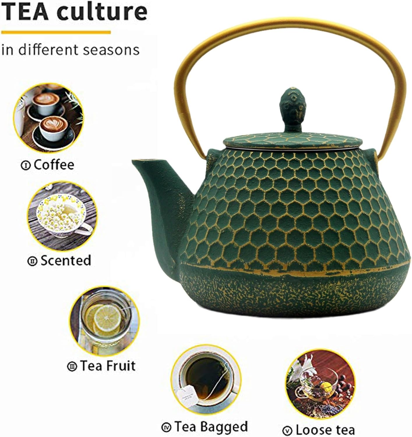 Cast Iron Tea Kettle, Japanese Tetsubin Teapot Coated with Enameled Interior, Durable Cast Iron Teapot with Stainless Steel Infuser for Stovetop Safe(1000ml/34oz)