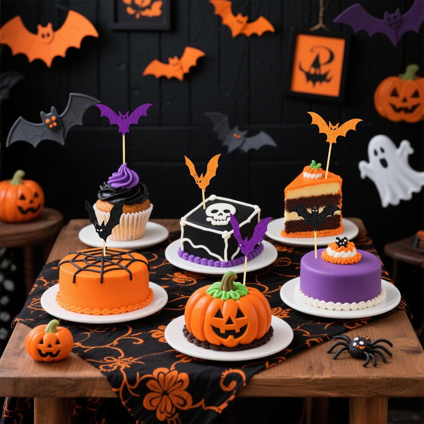 YQUQWN 24 PCS Halloween Black Orange Purple Glitter Bat Cupcake Decorations, Halloween Cupcake Selection, Suitable for Children's Birthday Party, Theme Party, Baby Shower Event Decoration Supplies