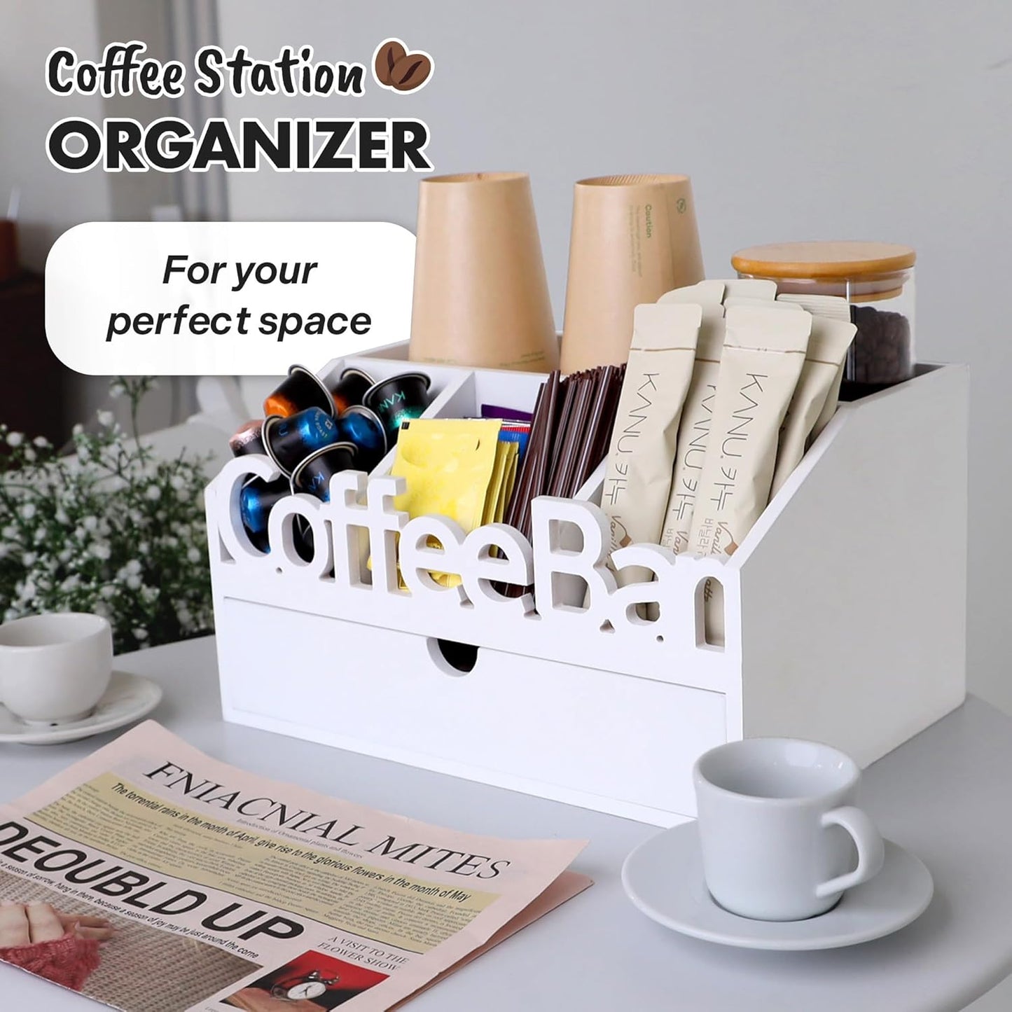 Coffee Bar Organizer for Countertop – Wooden Coffee Station with Black Drawer, Tea and K Cup Storage Rack, Coffee Pod Holder for Home and Office Counter Organization (Drawer - White)