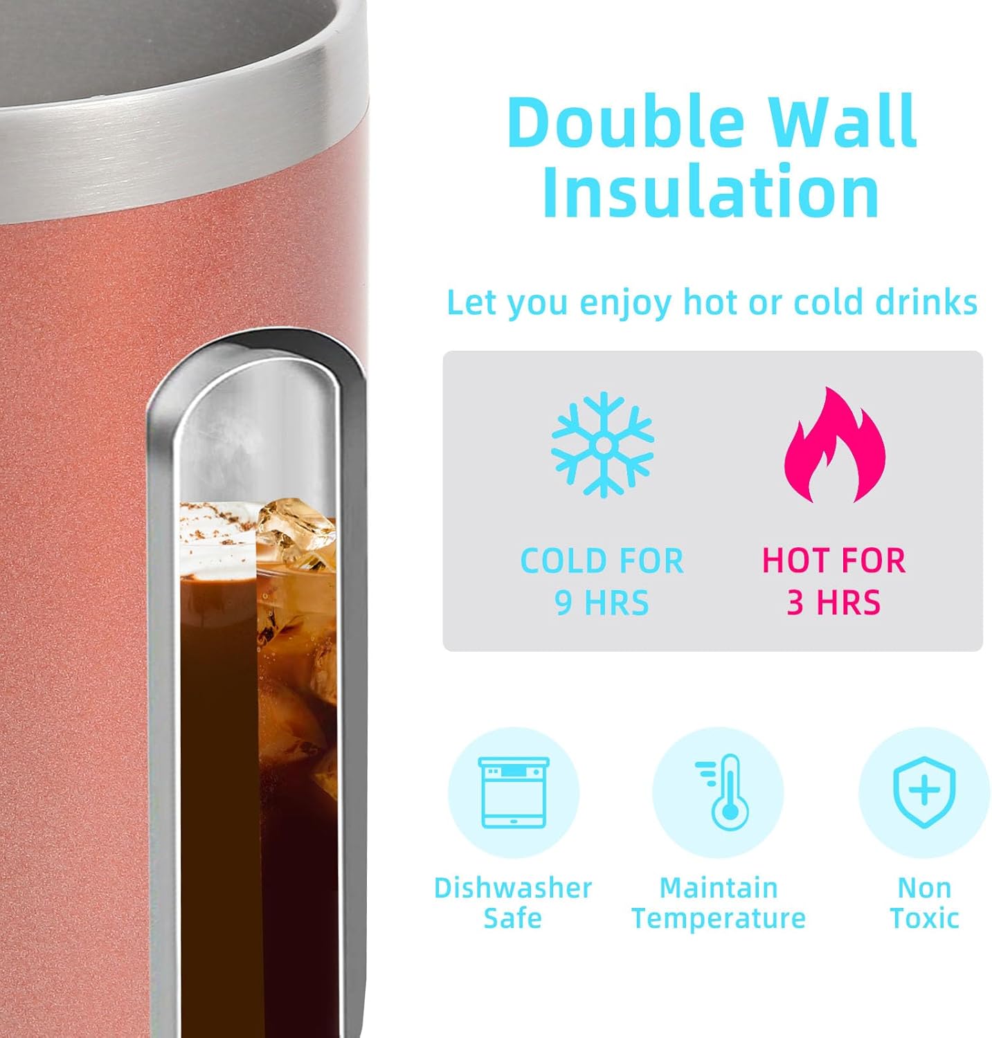 Volhoply 14oz Insulated Stainless Steel Coffee Mug with Leakproof Lid,Double Wall Vacuum Travel Coffee Cup with Handle,Reusable Metal Cups Tumbler, Camping Mugs Keep Hot,Ideal Gifts(Rose Gold,1)