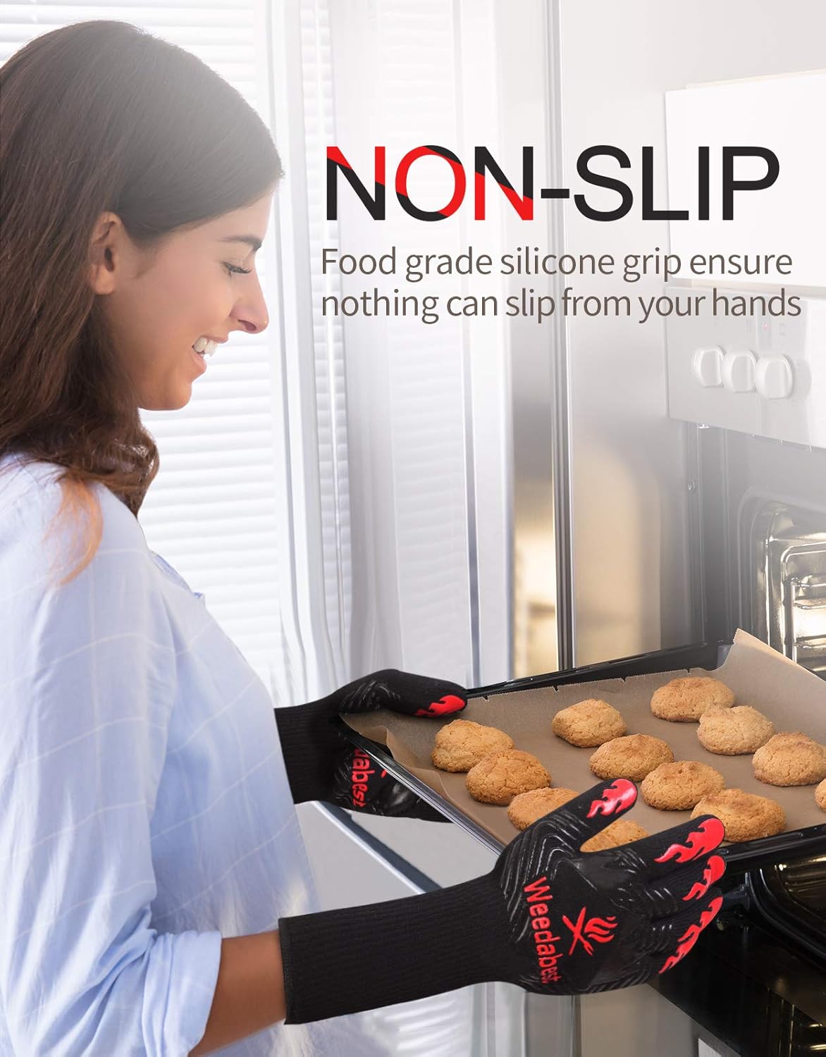 WEEDABEST Hot BBQ Gloves Heat Resistant Kitchen Oven Mitts Professional Long Heat Resistant Cooking Gloves for Grill,Grilling,Smoker,Barbeque,13.5 inch-Gray