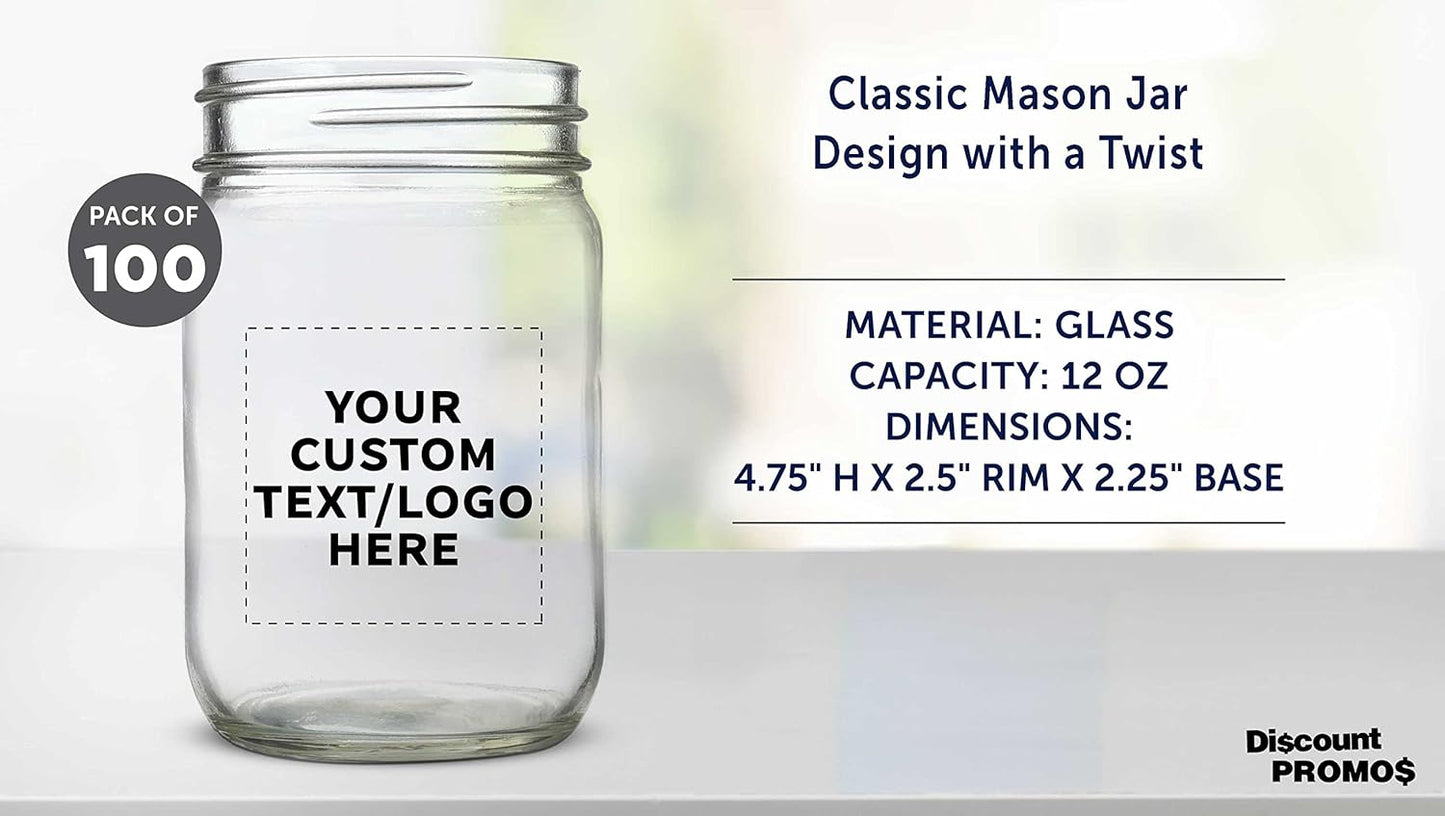 DISCOUNT PROMOS Custom Decorating Mason Jars 12 oz. Set of 100, Personalized Bulk Pack - Glass Jars for Overnight Oats, Candies, Fruits, Pickles, Spices, Beverages - Clear