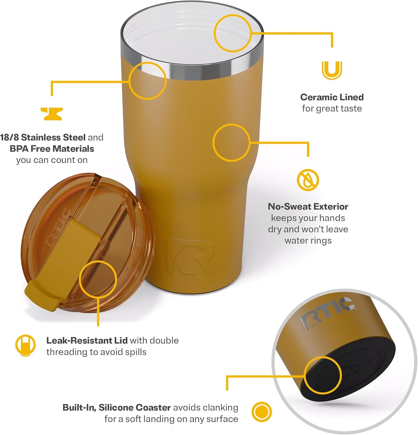 RTIC 30oz Essential Tumbler with Lid, Insulated, Stainless Steel, Metal, Double Wall Vacuum-Insulation, Ceramic Lined, Travel Cup for Iced Coffee, Tea, Hot and Cold Drink, Harvest