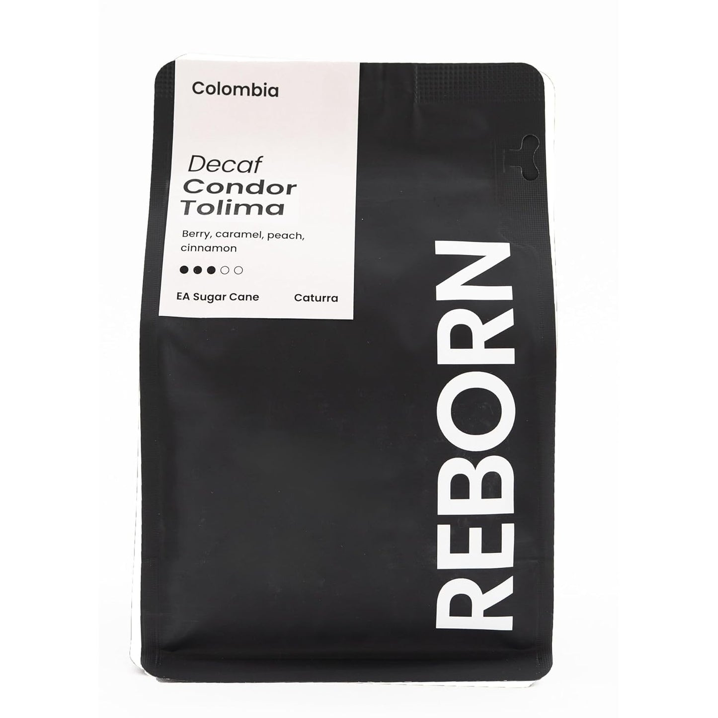 Reborn Coffee Specialty Whole Bean Decaf Coffee, Medium Roast, 12 Ounce, Colombia Condor Tolima, Flavor Notes of Berry, Caramel, Peach, and Cinnamon