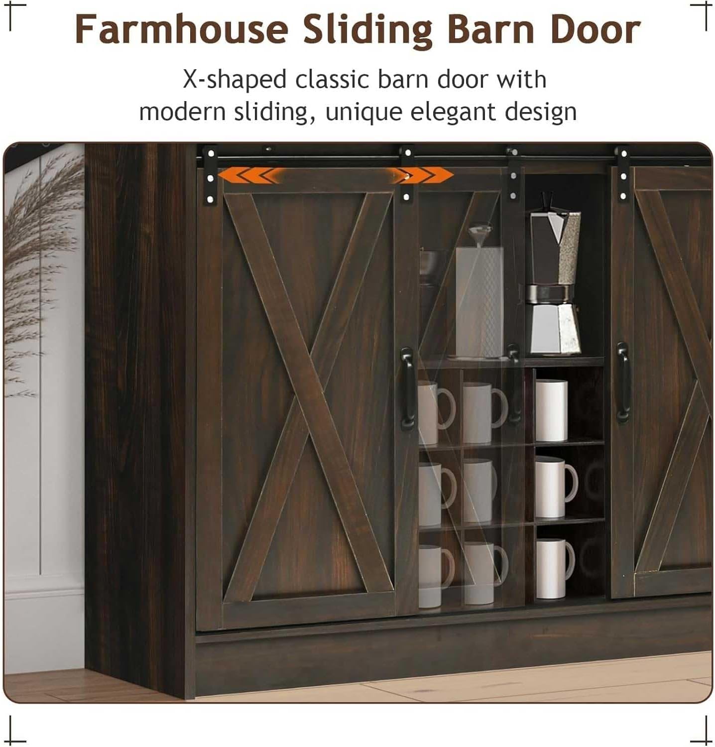 4ever2buy 72" Farmhouse Coffee Bar Cabinet with 2 Glass Doors & 9 Wine Racks, Tall Hutch Cabinet with Storage, Wine Bar with 4 Row Metal Glass Holder, Dark Oak