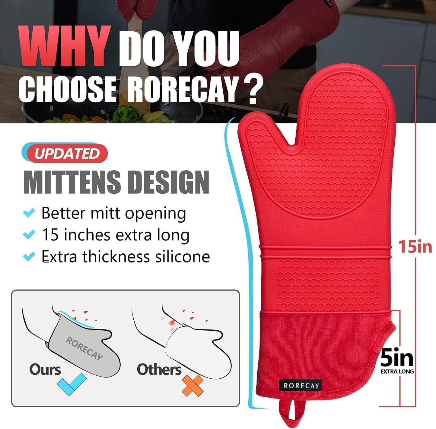 Rorecay 6pcs Oven Mitts and Pot Holders Sets for Kitchen, Extra Long Silicone Oven Gloves Heat Resistant 500 Degrees Non-Slip Potholders Hot Pads for Baking Cooking, Quilted Liner, Red