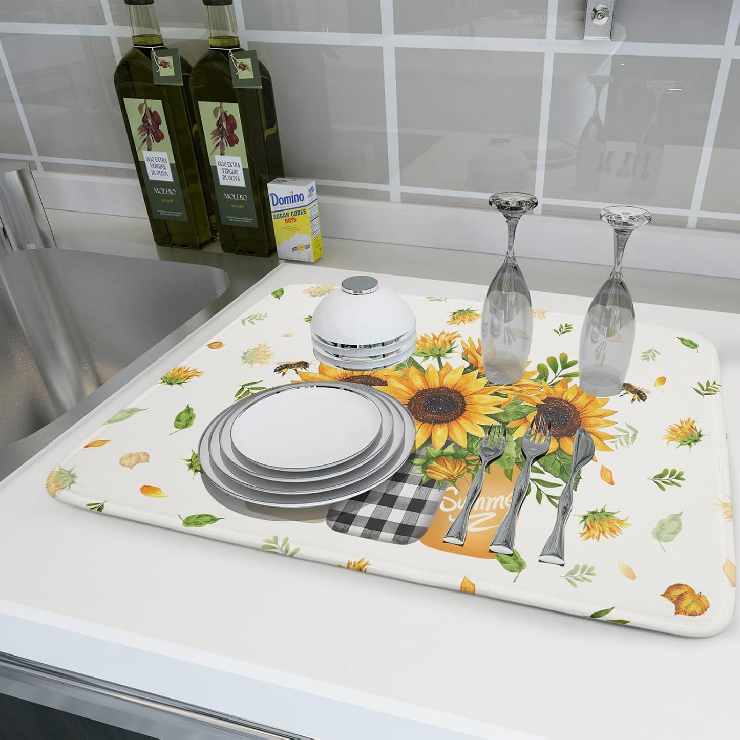 Giwawa Sunflower Vases Dish Drying Mat for Countertop, 18"x24" Summer Bee Floral Mason Jar Dish Drainer Mats, Fast Dry Microfiber Reversible Large Dish Drying Pad Kitchen Decoration