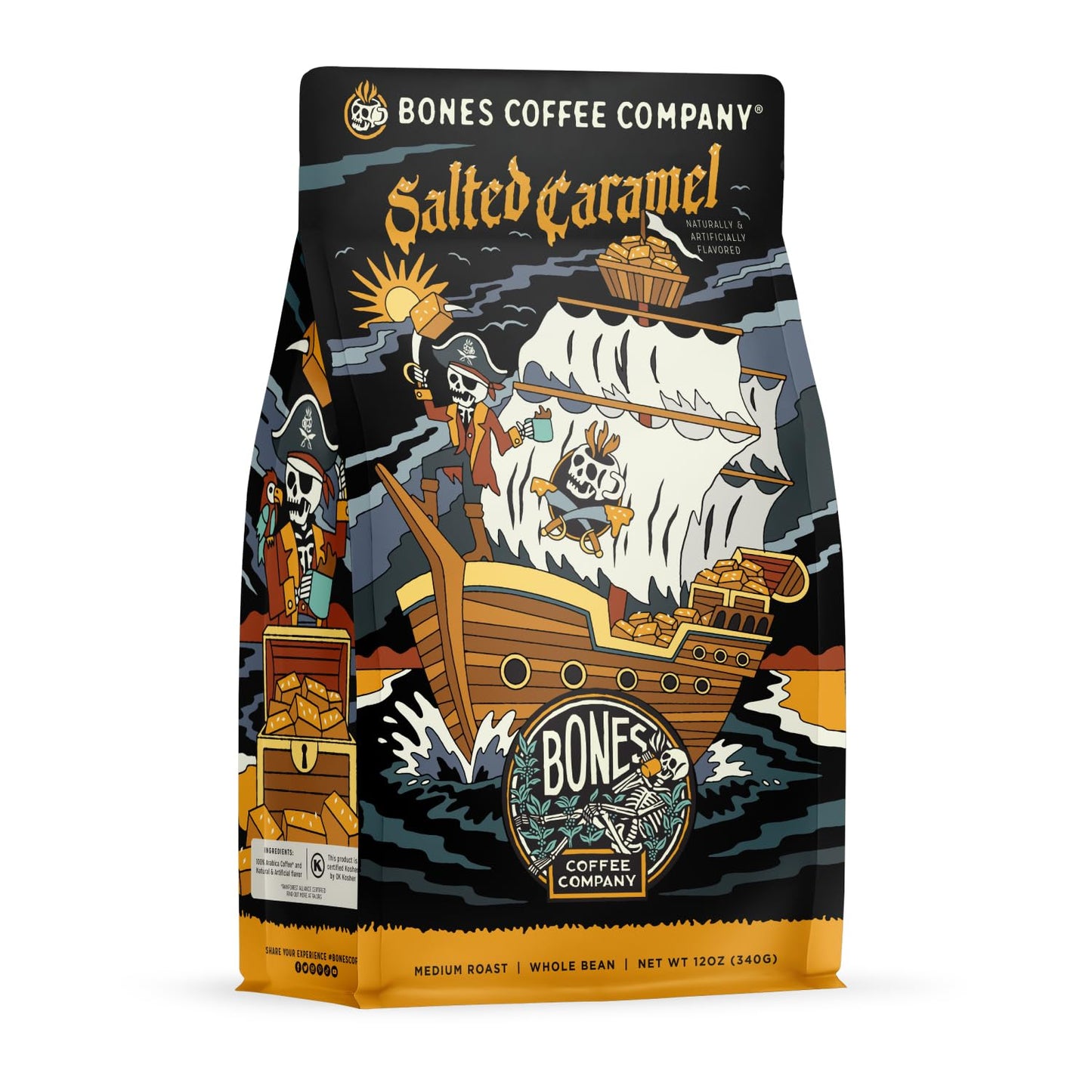 Bones Coffee Company Salted Caramel Flavored Coffee, Medium Roast Low Acid Arabica Beans Compatible with Auto drip and French Press Coffee Maker, 12 Oz Whole Bean