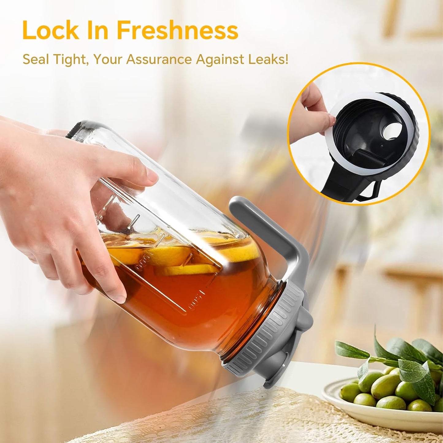 Mason Jar Pitcher, 32 OZ 2 Pack Glass Pitcher with Lid Double Leak-proof with Handle Water Jug Wide Mouth Breast Milk Pitcher Fridge Container for Water, Juice, Iced Coffee, Tea, Juice - Black+Grey