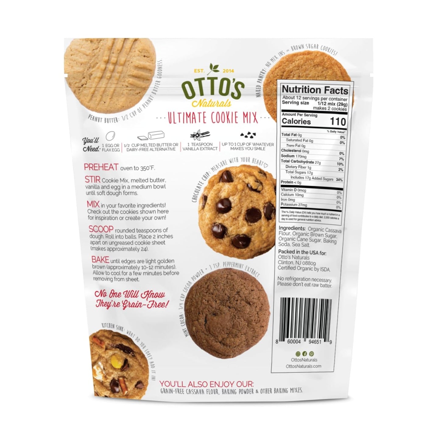 Otto's Naturals Grain-Free Ultimate Cookie Mix, 12.2 Oz., Top 9 Allergen-Free, Organic Cassava Flour, Gluten Free, Non-GMO, Vegan, Plant-Based