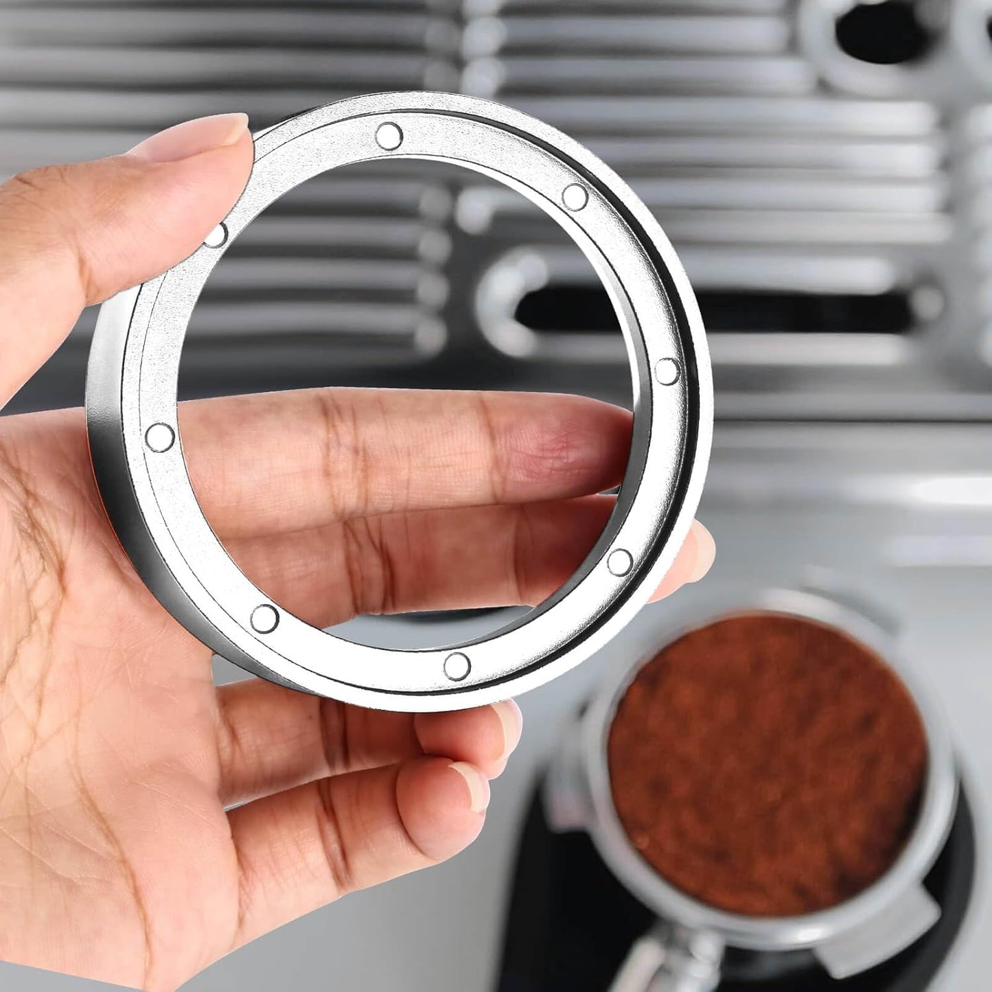 51mm Magnetic Dosing Funnel and Puck Screen Set - Espresso Coffee Dosing Ring, 19mm Anodized Aluminum with 8 Neodymium Magnets Compatible with 51mm CASABREWS/Delonghi Decica Portafilter (Silver)