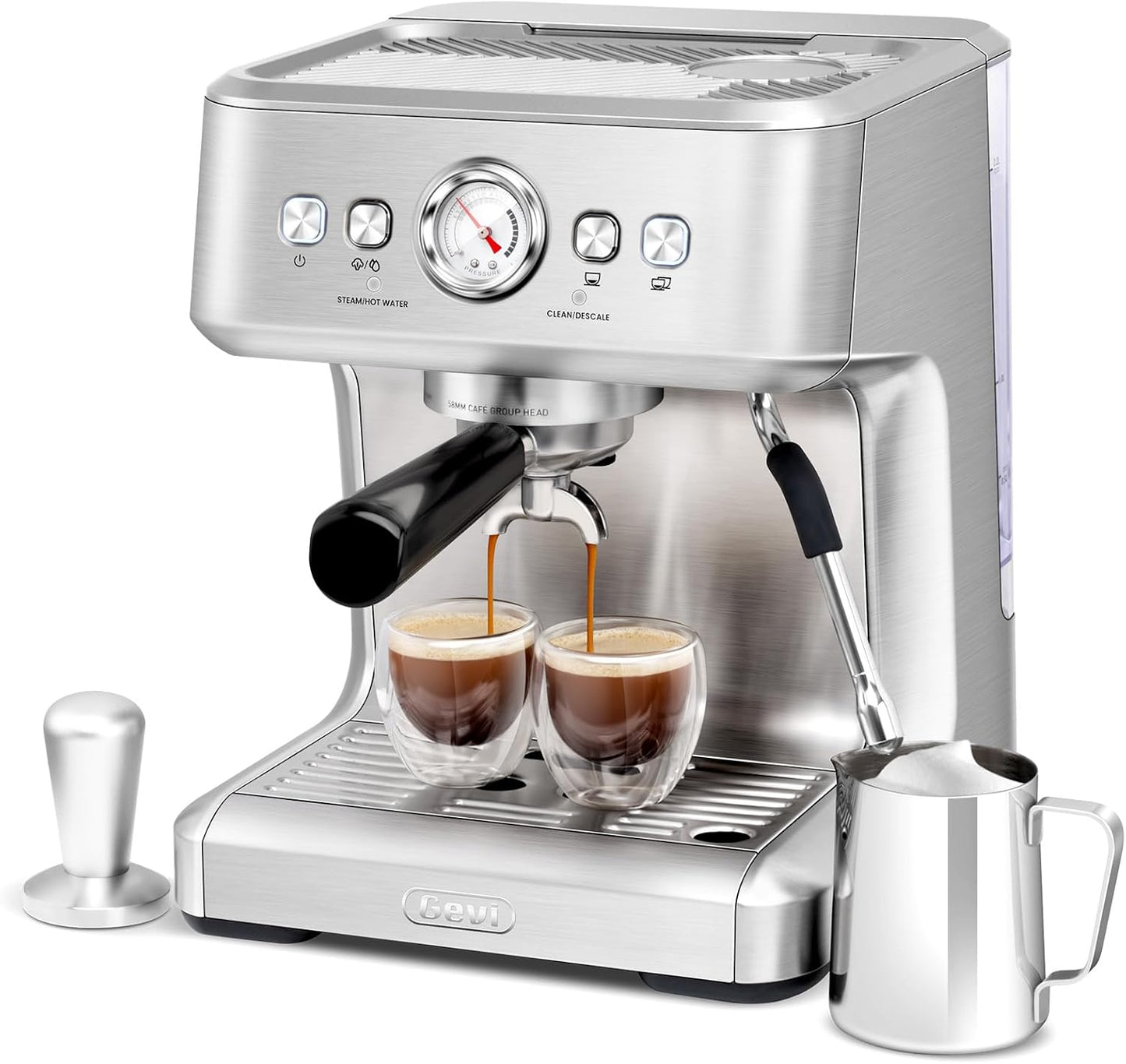 Gevi EzBru 1000C Commercial Grade Espresso Machine | 20Bar Pump + PID Temp Control (Adjustable Shot/Temp) | 58mm Portafilter w/Pressure Gauge | 2.2L Tank & Barista Kit | Home & Café Use
