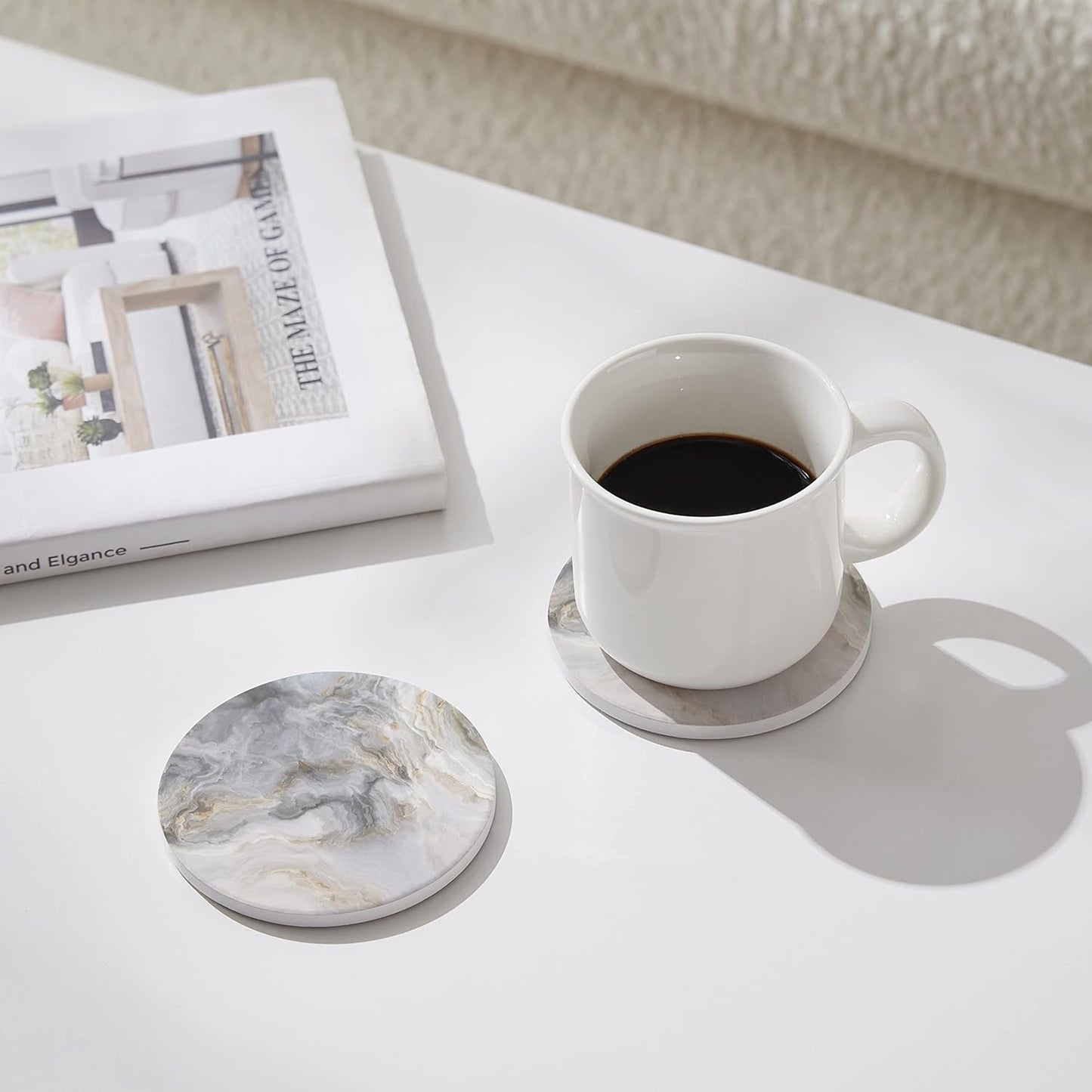 Set of 6 Abstract Gray White Marble Coasters with Holder, Absorbent Ceramic Coasters for Drinks, Coasters with Cork Backing for Table Protection, Housewarming Gifts for New Home
