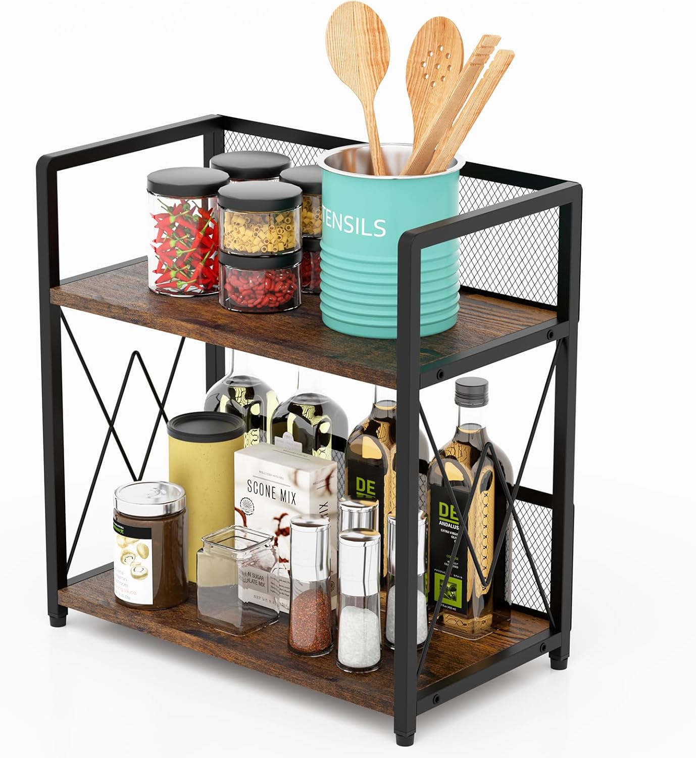 Aduanbang Coffee Bar Accessories Organizer, Seasoning Organizer, 2 Tier Wooden Kitchen Counter Shelf, Coffee Organizer Station for Countertop, Coffee Condiment Rack for Mugs, Cups, Cream, Syrup