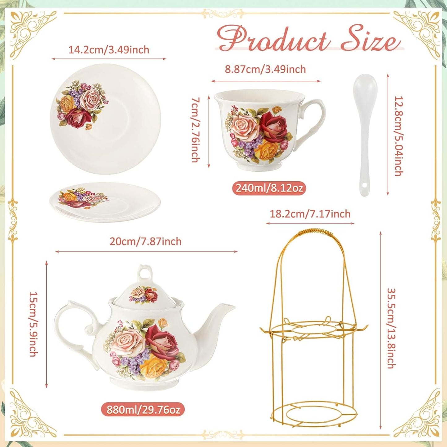 Zhehao 20 Pcs Porcelain Tea Set with Metal Holder and Spoon Adult Ceramic Tea Party Set European Flower Painting Teapot Cup Saucer Spoon for Women, Large Version (Styleish Style)