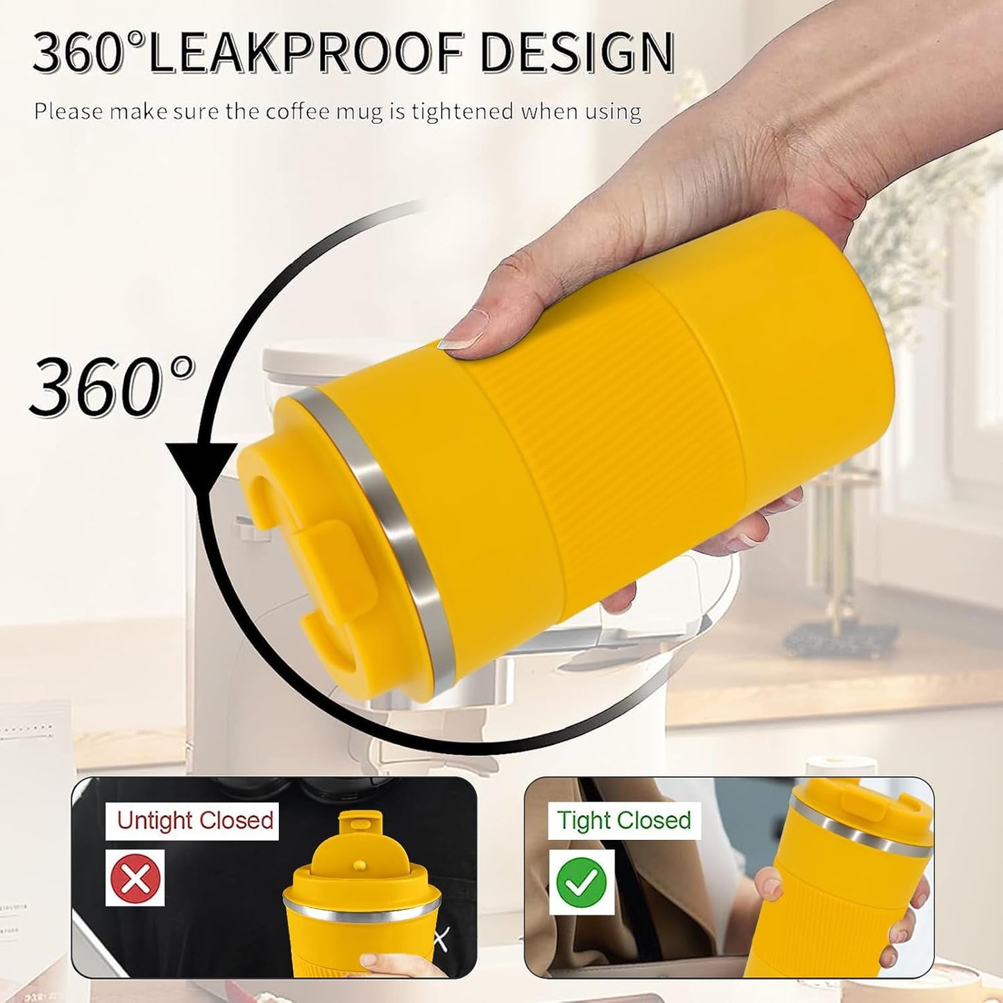 YINBAOGE Insulated Travel Coffee Mug, Spill & Leak Proof, Portable To Go Camping Stainless Steel Coffee Tumbler, Reusable Thermal Coffee Cup with Lid for Hot & Cold Drinks (Yellow, 12 OZ)